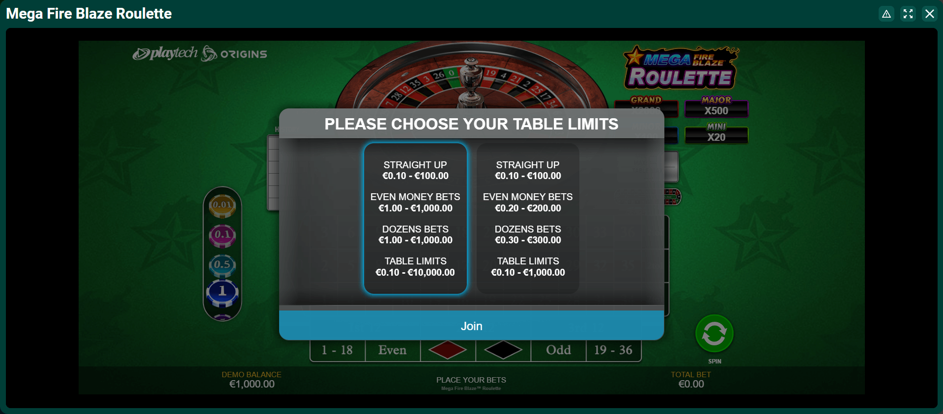 Mega Fire Blaze Roulette Table Limits